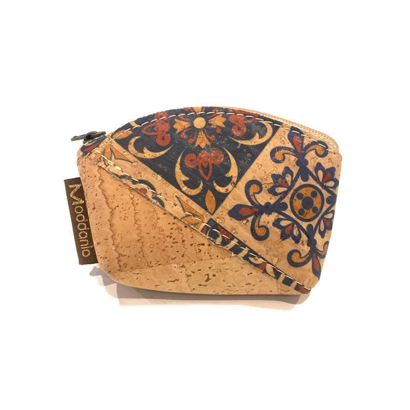 Cork Mini Coin Purse and Small Coin Pouch in a Tapestry Pattern
