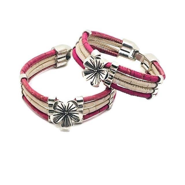 Cork Bracelet in Pink and White with Single Flower Design