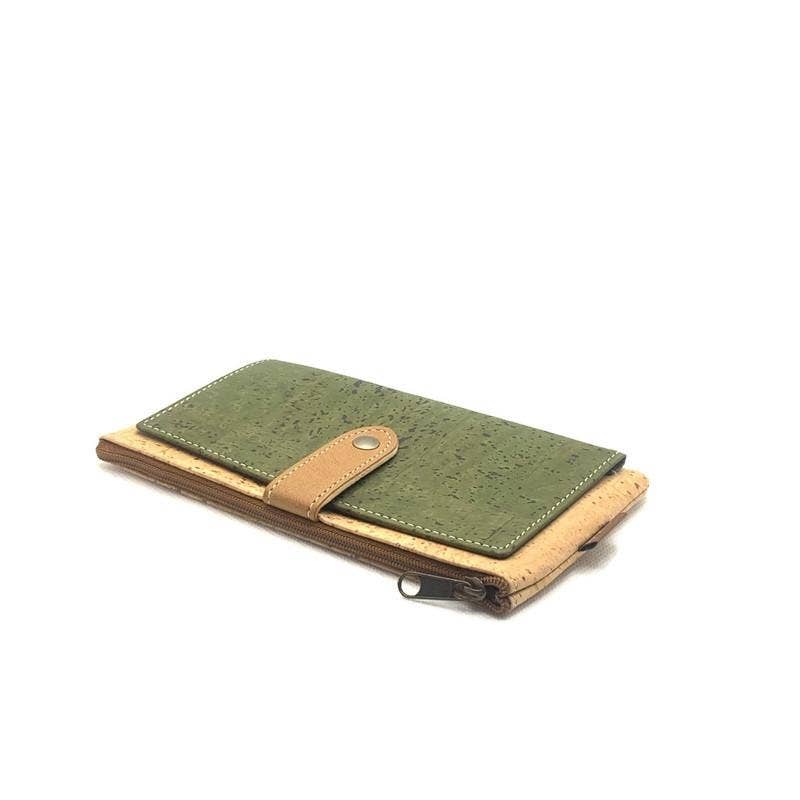 Kork-Geldbörse mit Reißverschluss und Buch-Geldbörse aus veganem Leder in Grün
