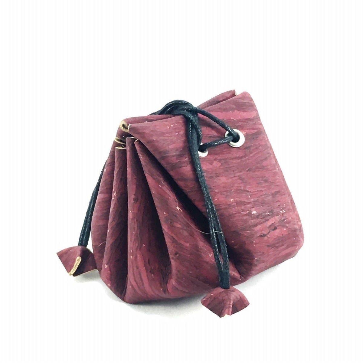 Cork Coin Purse and Vegan Drawstring Pouch for Coins in Burgundy