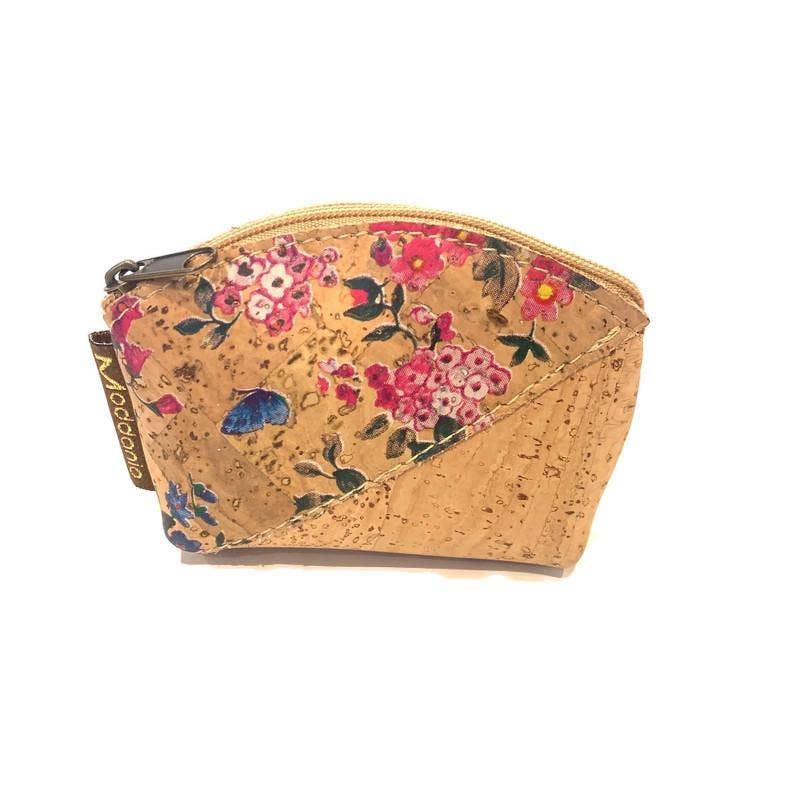 Cork Mini Coin Purse and Small Coin Pouch in a Bright Floral