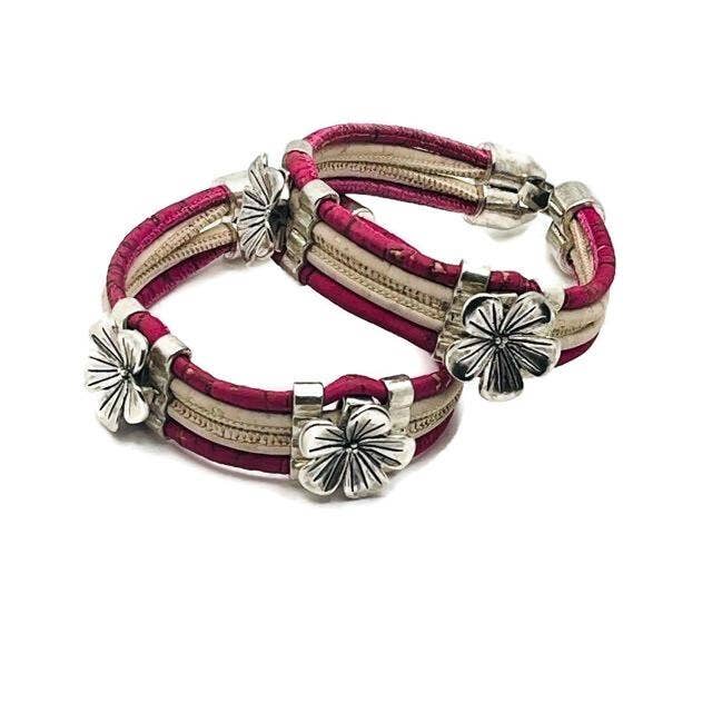 Cork Bracelet in Pink and White with a Double Flower Design