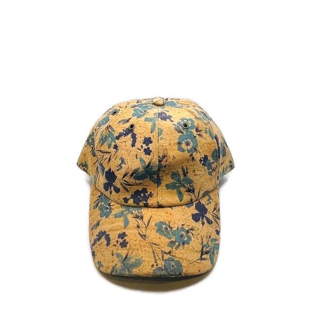 Cork Baseball Cap and Vegan Leather Cap with Blue Floral Pattern