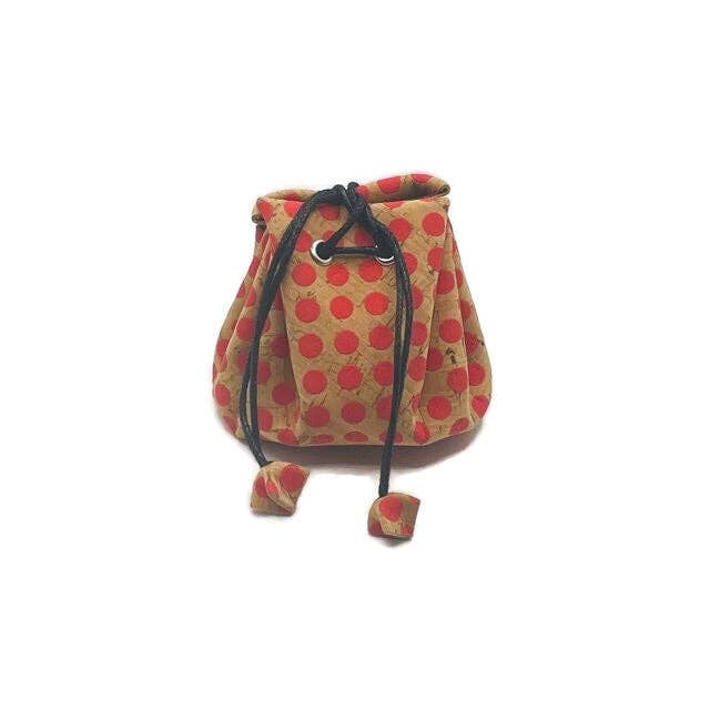 Cork Coin Purse and Vegan Drawstring Pouch for Coins in Red Polka