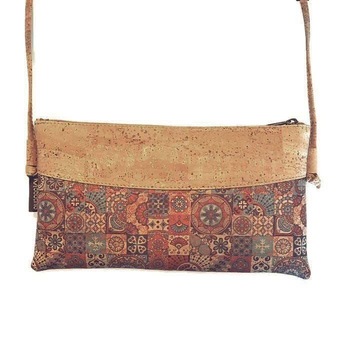 Cork Crossbody Bag and Vegan Envelope Bag for Women in Red Tapestry