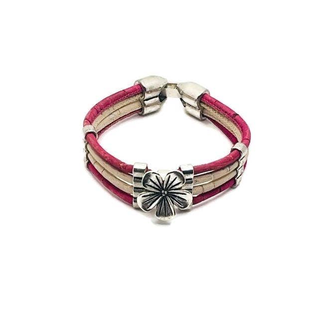 Cork Bracelet in Pink and White with Single Flower Design
