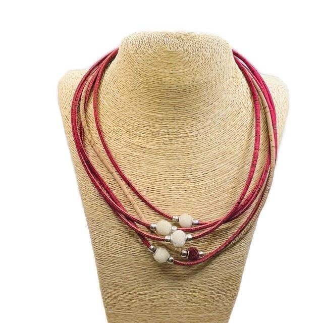 Cork Necklace Multiple Layer in Pink and Natural with Beads