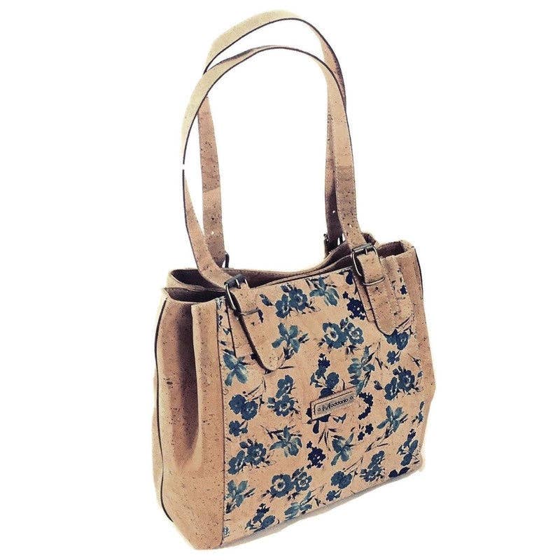 Cork Handbag and Vegan Shoulder Bag for Women in Blue Floral