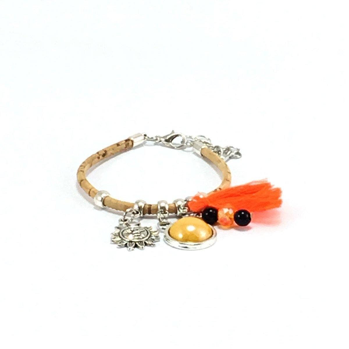 Cork Bracelet with Orange Tassels and Little Charms