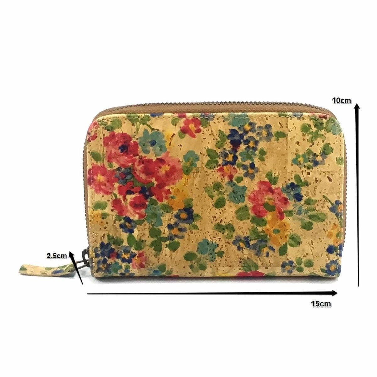 Kork-Geldbörse mit Reißverschluss und veganes Portemonnaie für Damen mit Blumenmuster