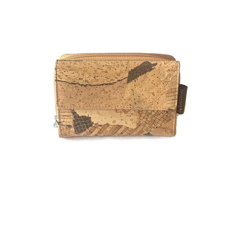Kork-Geldbörse mit Reißverschluss und Bi-Fold-Geldbörse aus veganem Leder für Damen in Naturtönen