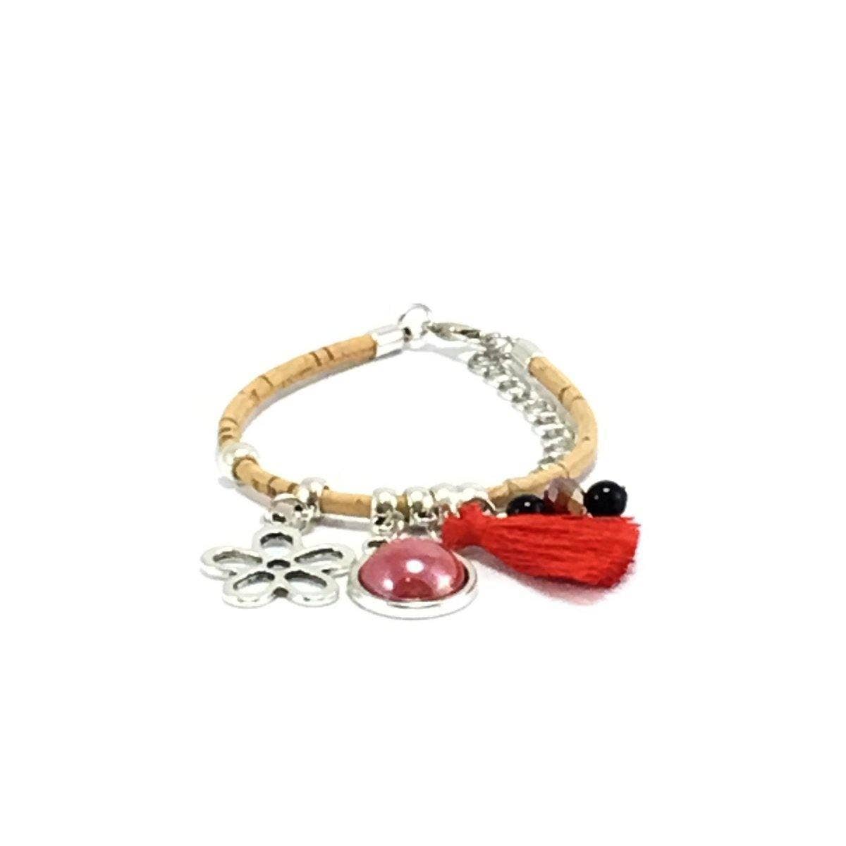 Cork Bracelet with Red Tassels and Little Charms