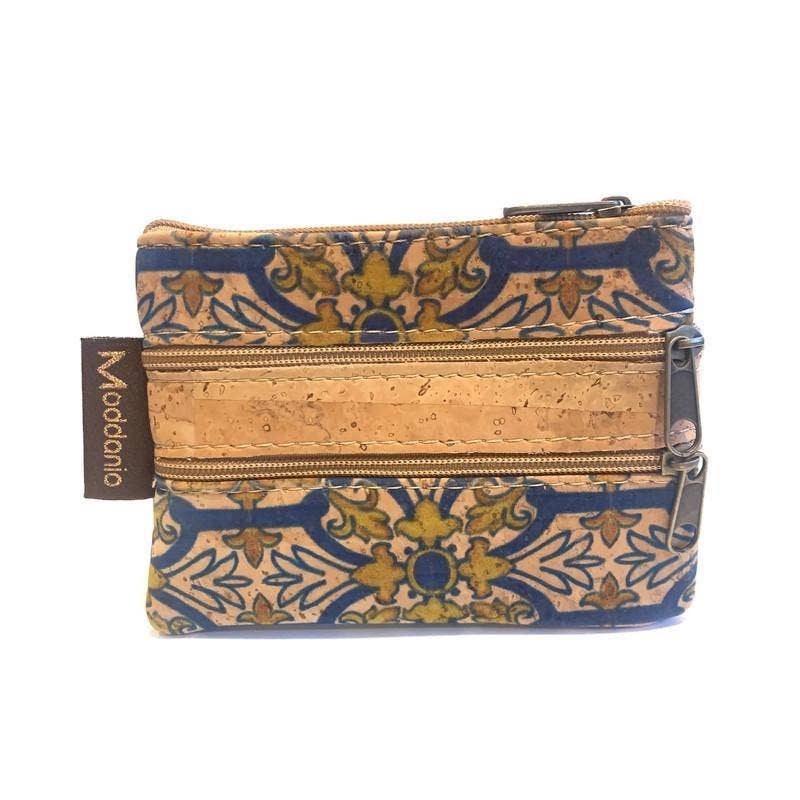 Cork Coin Purse and Vegan Change Pouch in a blue and yellow pattern