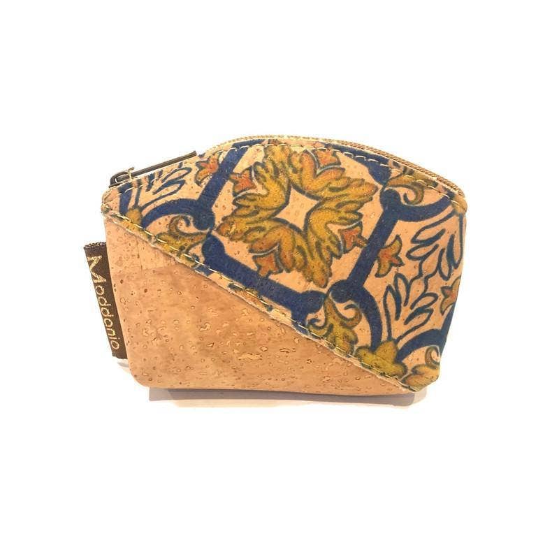 Cork Mini Coin Purse and Small Coin Pouch in a Yellow and Blue Pattern